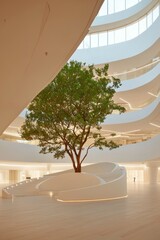 Fototapeta premium Tree in Modern Architecture A tranquil scene in a contemporary building
