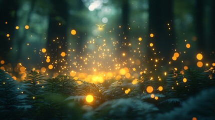 Fern plant woods with firefly flying
