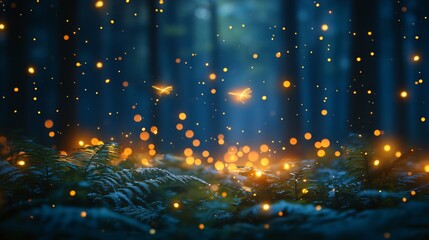 Fern plant woods with firefly flying