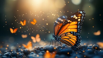 Group of colourful Butterflies on the ground and flying in forest
