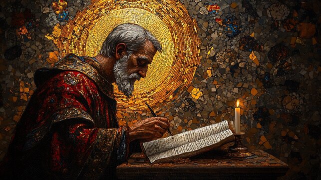 A magnificent Catholic mosaic of Saint Augustine, lost in divine inspiration, writing with a quill, intricate tesserae forming a glowing golden halo,