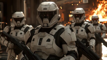 Fototapeta premium Military futuristic soldiers in white armor, marching in formation, amidst fire and explosions in urban environment, gritty, intense atmosphere