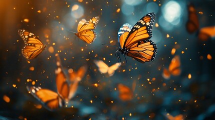 Group of colourful Butterflies on the ground and flying in forest