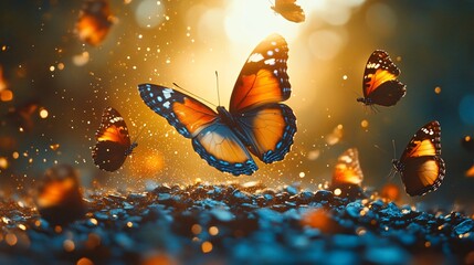 Group of colourful Butterflies on the ground and flying in forest