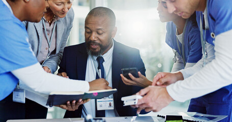 Hospital director, man and multitasking in office with healthcare administration and staff management. People, doctor and nurses with appointment schedule, workflow and medical support in busy clinic