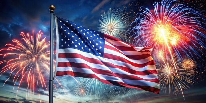 Patriotic scene with American flag waving in the wind as fireworks explode in the sky behind it , fireworks