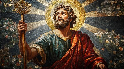 Obraz premium A magnificent Catholic mosaic of Saint Christopher holding onto his wooden staff, stepping forward as Christ raises His hand in blessing, intricate tesserae forming a glowing golden halo,