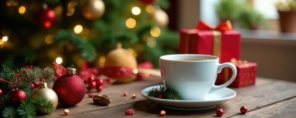 Fototapeta premium Christmas tree table with white coffee mug and festive decor, garlands, cozy, presents