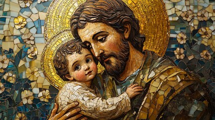 A magnificent Catholic mosaic of Saint Joseph gently holding the Child Jesus, their divine bond emphasized by intricate tesserae, a radiant golden halo surrounding them,
