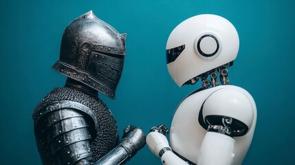 Side view of a medieval warrior in silver armor and a white robot facing each other against a teal background, a symbolic representation of