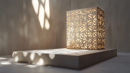 Abstract light design with geometric pattern casting shadows on a minimalist platform stage