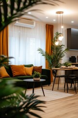 Obraz premium Living room interior with sofa, table and plants, a modern cozy home concept