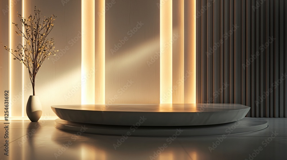 Poster elegant showcase with minimalist platform and decorative branches in warm light studio setup