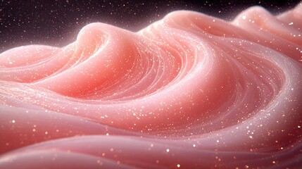 Abstract pink and gold wave-like texture with sparkling particles in a dreamy background