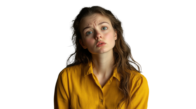 Young woman with long brown hair showing puzzled expression on transparent background