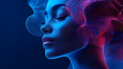 a side profile of a human face. The background features a gradient of blue and red colors with a digital, abstract texture.