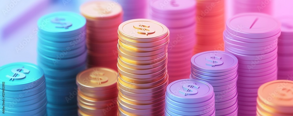 Poster a vibrant display of stacked coins in various colors, representing wealth and financial concepts in 