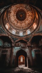 Obraz premium A photograph capturing the interior of an Islamic mosque, showcasing a majestic dome adorned with intricate Arabic calligraphy, bathed in warm sunlight
