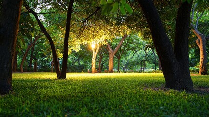 Enchanting forest glade with sunlight streaming through trees creating a magical atmosphere