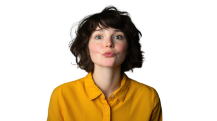 Young woman sending a kiss on transparent background
