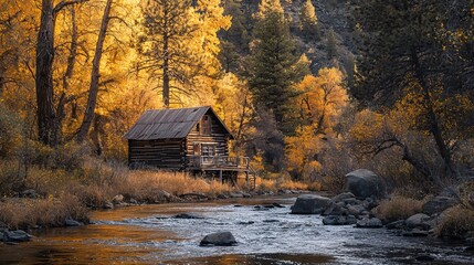 Rustic Cabin Retreat by a Flowing River Surrounded by Vibrant Autumn Trees in Golden Light