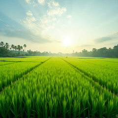 Obraz premium A lush rice paddy field with neat, under a bright, sunny sky
