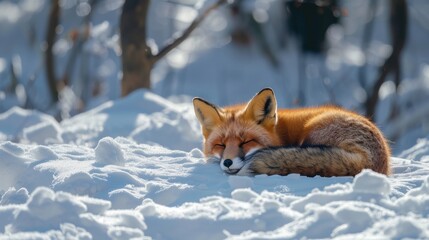Fototapeta premium Portrait a red fox resting alone in the winter snow forest landscape. AI generated image