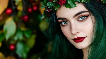 Naklejka premium Closeup portrait of a woman with vibrant green hair, a floral crown, and bold makeup. She has striking green eyes and red lips, set against a