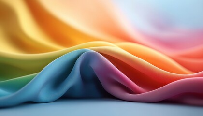 Obraz premium A vibrant, flowing fabric showcases a gradient of rainbow colors, highlighting its soft texture and elegant drape.