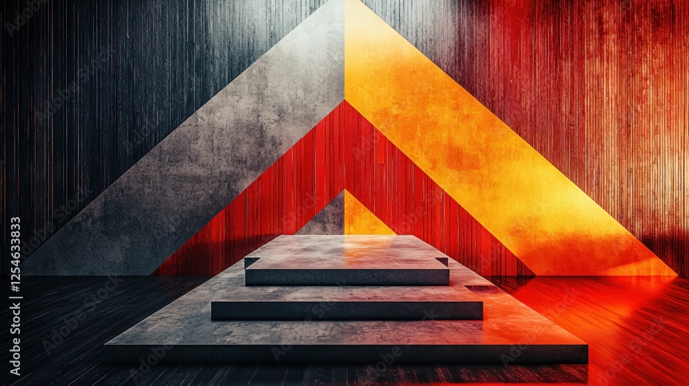 Poster abstract geometric design with triangular shapes and three steps platform in vibrant colors