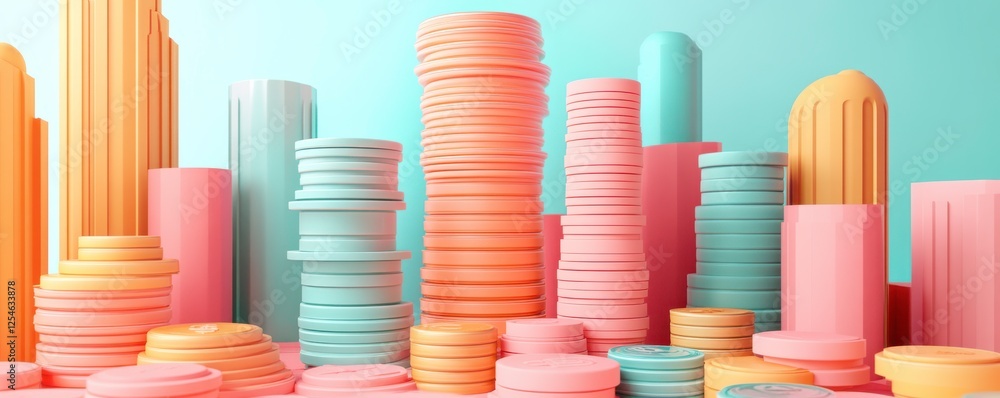 Poster a colorful abstract representation of stacks of coins and cylinders, creating a playful cityscape ag