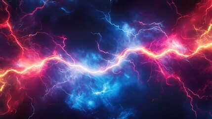 Electric Storm of Energy with Red and Blue Lightning Bolts Striking Across a Dark Sky