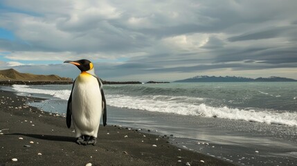 Obraz premium Portrait one penguin walking on beach at sunny day. AI generated image