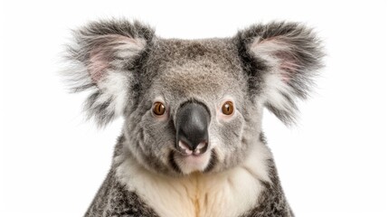 Obraz premium Portrait close up a funny male australian koala bear isolated of white background. AI generated