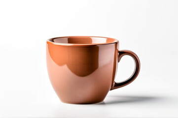 Terracotta clay-colored ceramic mug on white background, minimalist and rustic style