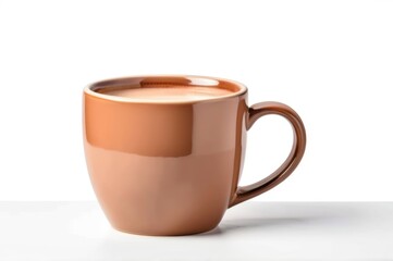 Terracotta clay-colored ceramic mug on white background, minimalist and rustic style