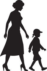 mother and son holding hands  silhouette, black and white silhouette, vector and illustration