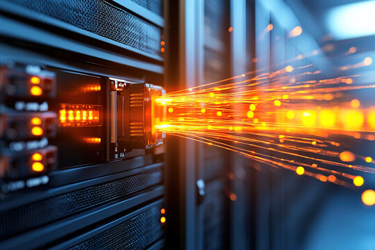 vibrant display of data transfer with glowing orange light trails emanating from server, symbolizing high speed connectivity and advanced technology