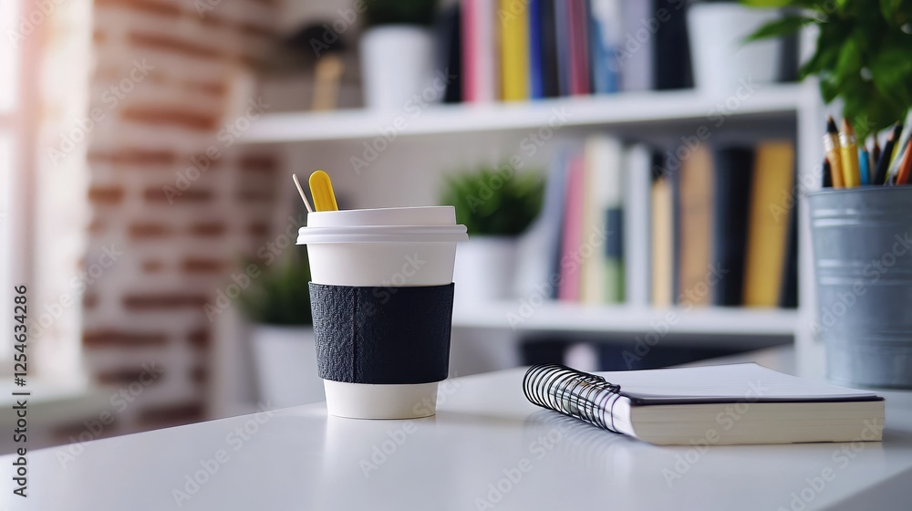 Poster coffee cup and notebook on white desk with bookshelf in background home office setup