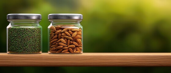 Two jars filled with vibrant seeds sitting on a wooden shelf, showcasing natural ingredients for healthy cooking.