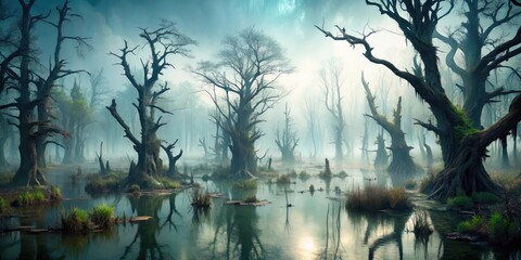 Overgrown misty swamp with twisted dead trees and eerie foggy atmosphere, mist, ominous, mist, ominous,fog,cursed swamp