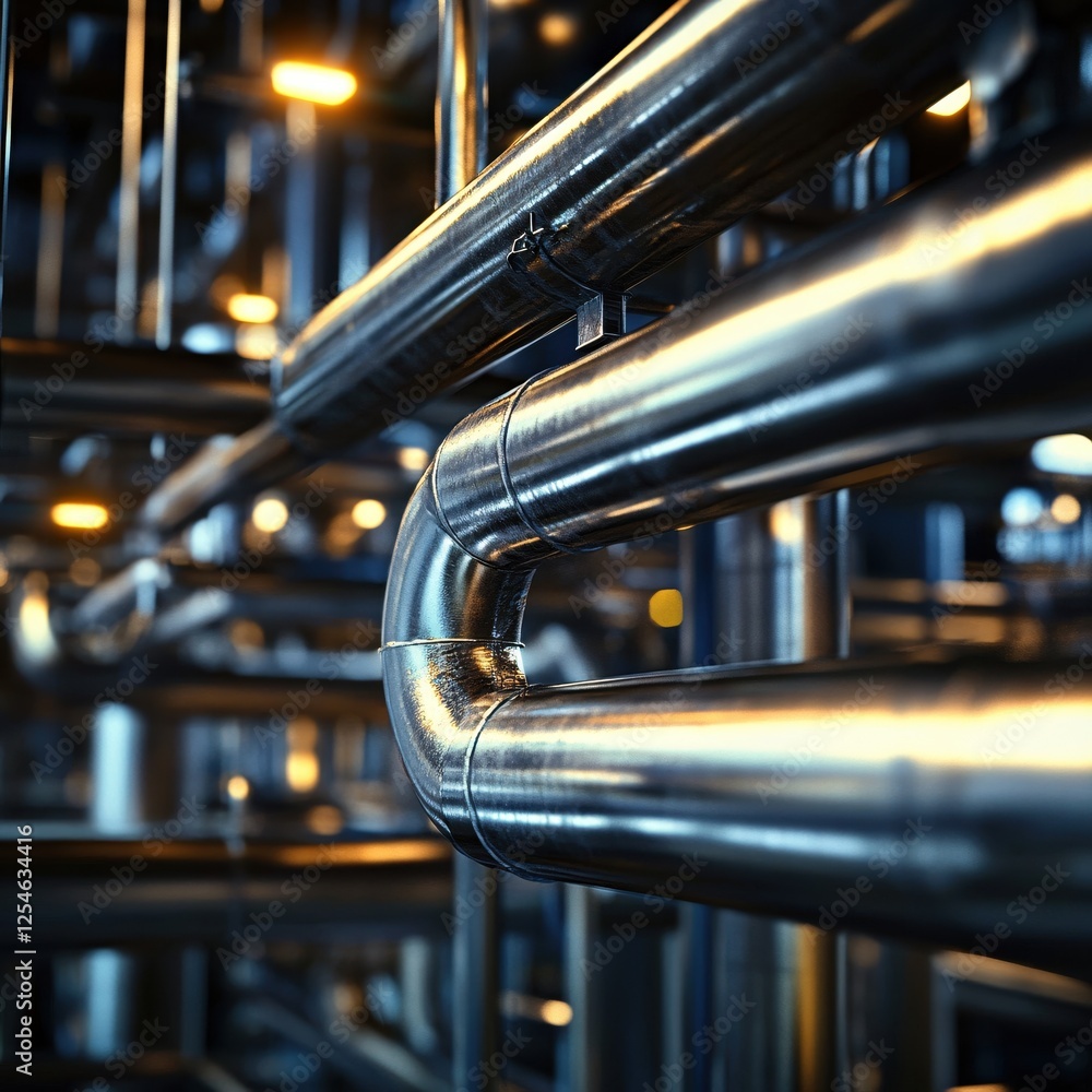 Poster industrial pipeline system with metallic pipes and glowing lights in a complex structure