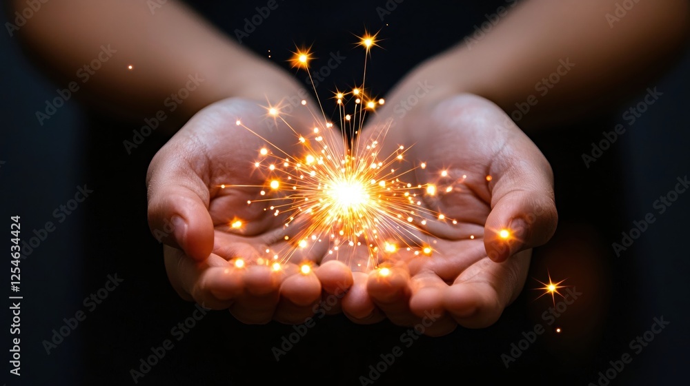 Poster hands holding sparkles of light creating magic and wonder on a dark background concept