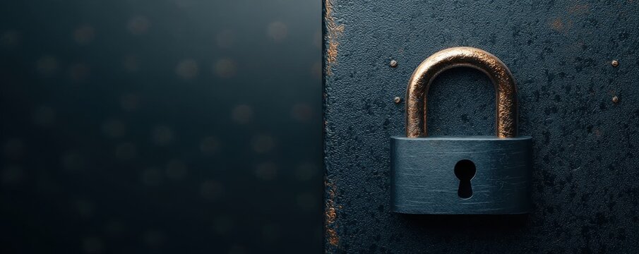 A close-up of a metallic padlock resting against a textured surface, suggesting themes of security and protection.
