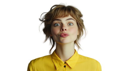 Young woman puckering lips and making funny face on transparent background