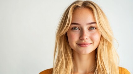 Fototapeta premium A blonde woman with a white shirt and blonde hair is smiling