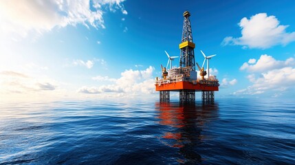 Offshore oil rig platform with wind turbines under bright blue sky and calm ocean water