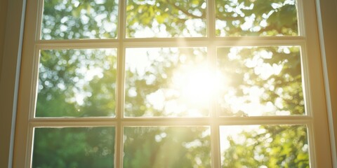 A serene view through a window, with sunlight streaming in and greenery visible outside, creating a warm and inviting atmosphere.