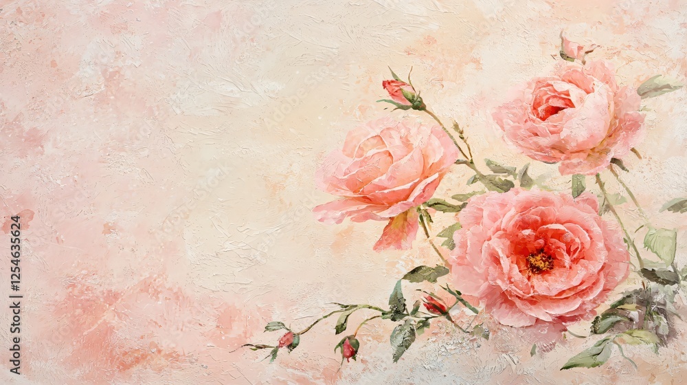 Poster elegant peach roses in soft focus on a textured backdrop creating a romantic artistic scene