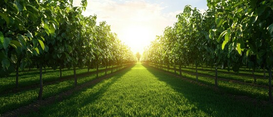 A serene vineyard landscape bathed in golden sunlight, showcasing rows of lush green vines against a clear sky.